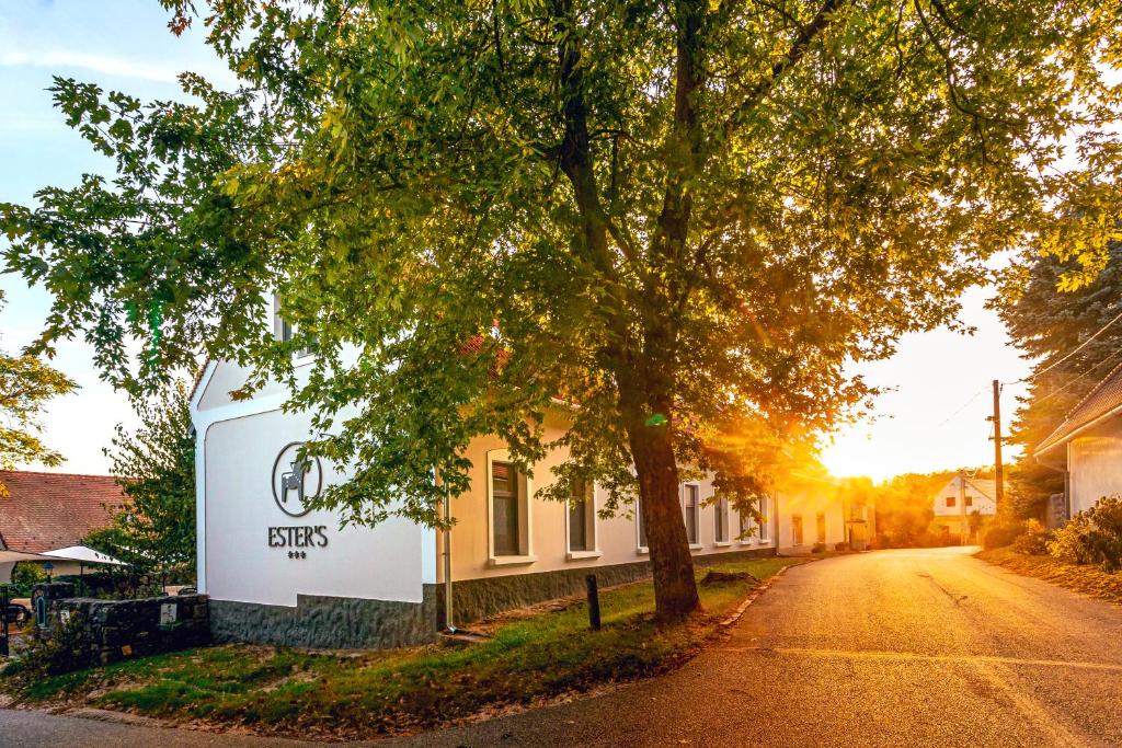 un bâtiment avec un panneau sur le côté d'une rue dans l'établissement ESTER'S Szentbékkálla, à Szentbékkálla