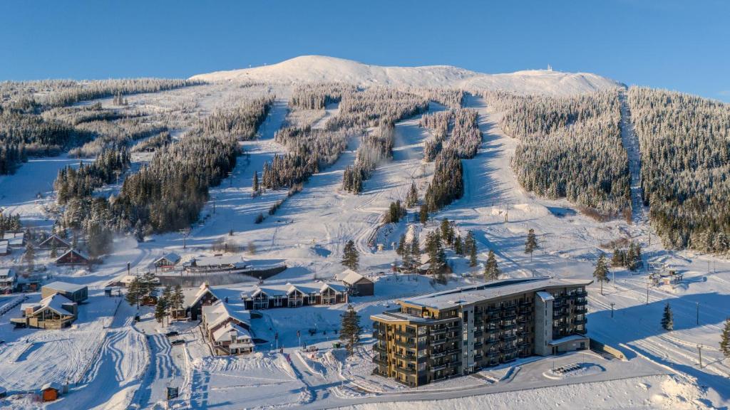 an aerial view of a resort in the snow at Trysil Alpine Lodge in Trysil