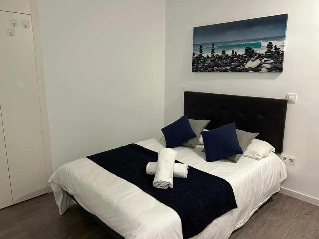マドリードにあるComodo Y Agradable Apartamento En Madrid Centro 3のベッドルーム1室(大型ベッド1台、青と白の枕付)
