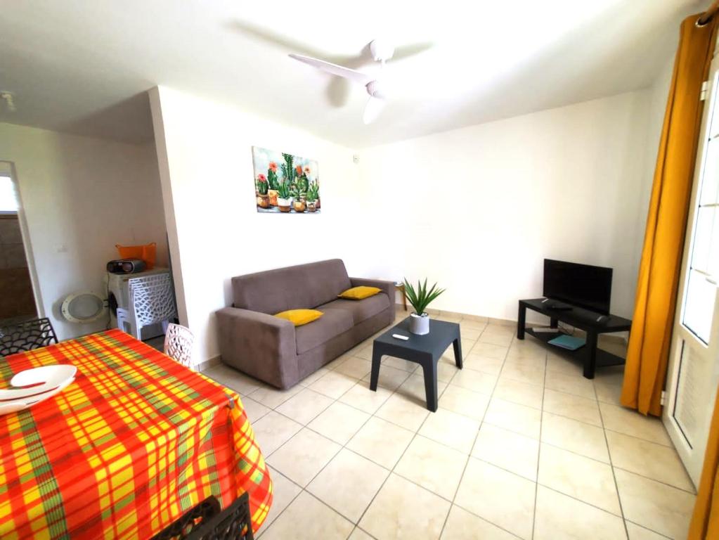 a living room with a couch and a tv at Superbe appartement avec parking gratuit in Sainte-Anne