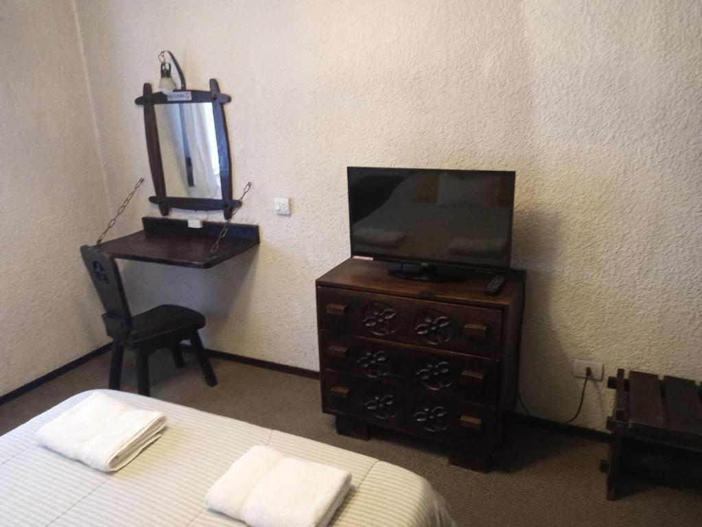um quarto com uma cama e uma televisão numa cómoda em El Molino em San Carlos de Bariloche