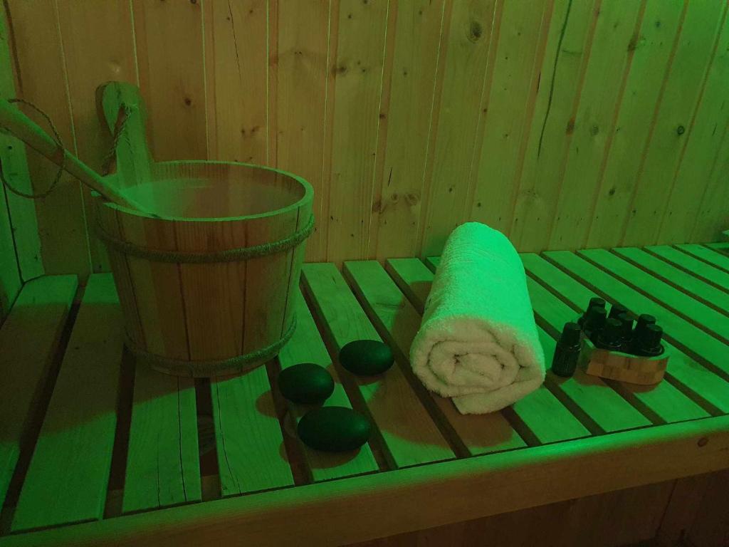 a green counter with a towel and a blender at Szófia Wellness Apartman in Nagykanizsa