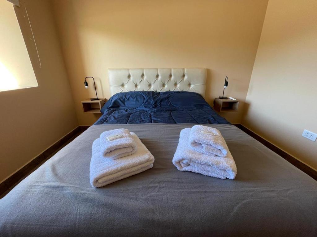 a bedroom with a bed with towels on it at La Colmena Aparts in El Calafate