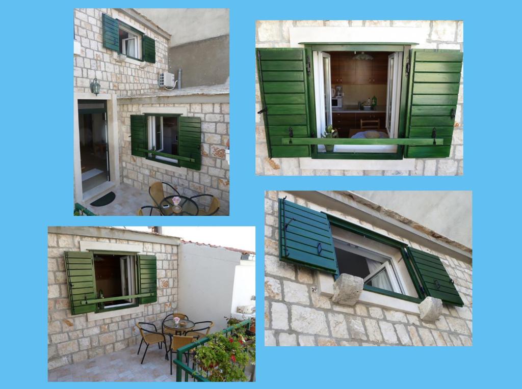 a collage of pictures of a window with green shutters at Apartments Mande and Kate in Baška Voda
