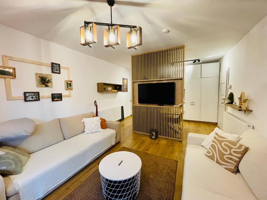 a living room with a white couch and a tv at Pine Tree Residence in Sinaia