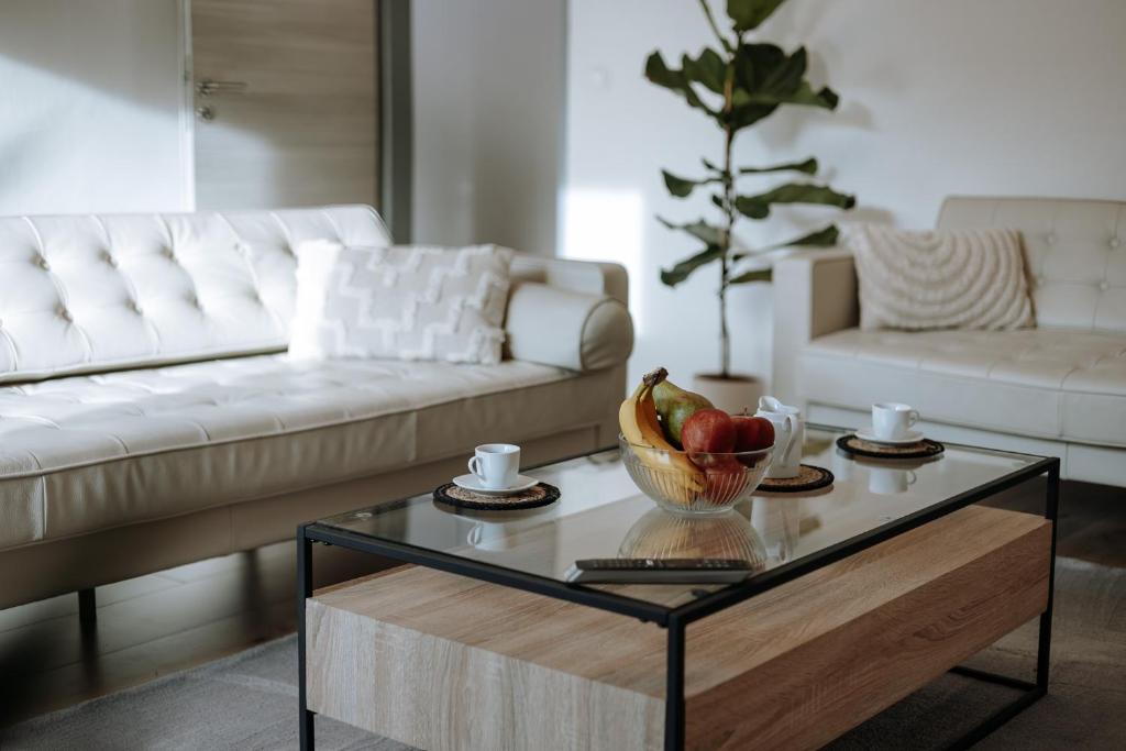 uma sala de estar com um sofá e uma mesa de centro em Stilvolles Appartement mit Blick auf das Dreiflüsse-Eck em Passau