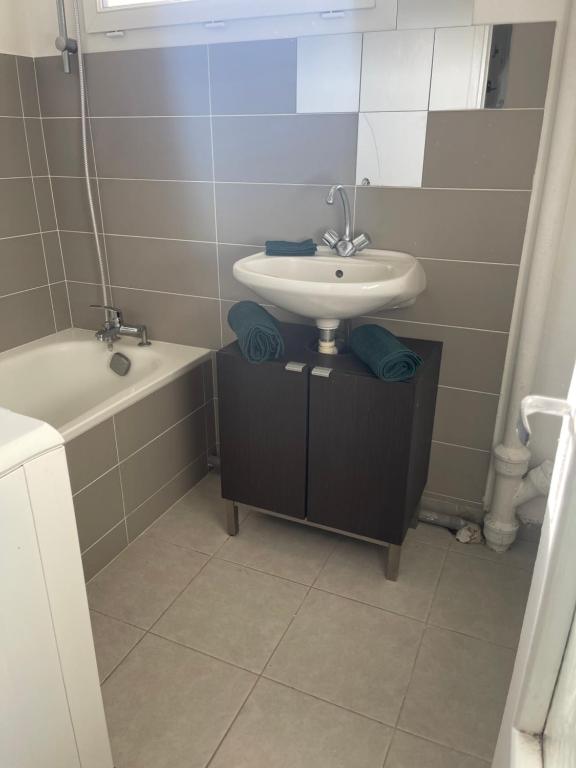 W łazience znajduje się umywalka i wanna. w obiekcie Appartement spacieux w mieście Nogent-le-Rotrou