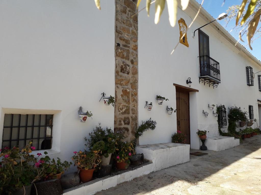 a white building with potted plants on it at Alojamiento Rural Las Viñas in Torredonjimeno