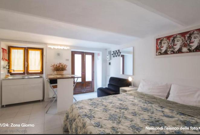 a bedroom with a bed and a desk and a kitchen at Locazione Turistica Monolocale nel Parco del Santuario in Asti