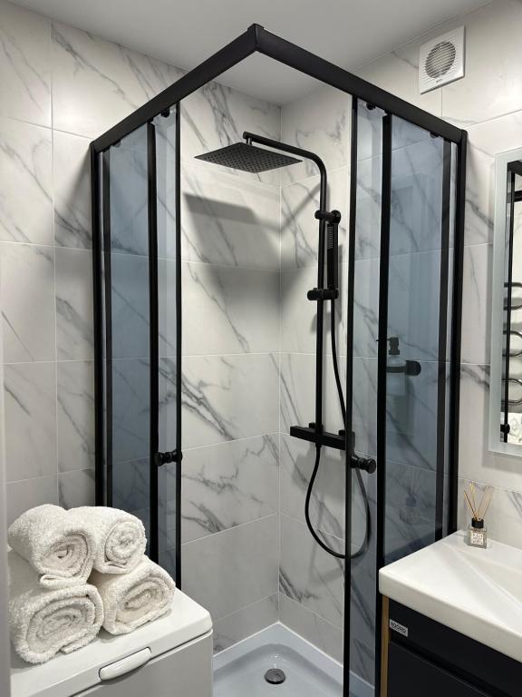 a bathroom with a shower and a sink with towels at Vienibas Apartaments in Krāslava