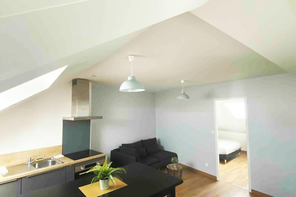 un salon avec un canapé noir et une cuisine dans l'établissement Superbe appartement en coeur de ville, à Orléans