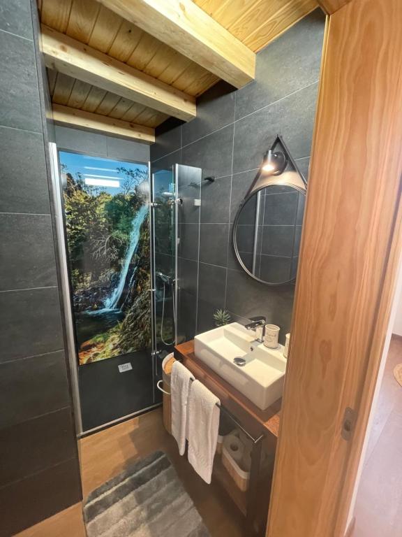 uma casa de banho com um lavatório e um chuveiro em Dona Irene AL em Manteigas