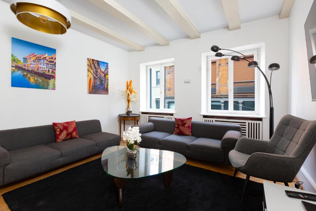 een woonkamer met 2 banken en een tafel bij La Maison de maître - centre historique - 3 rue henriette in Mulhouse