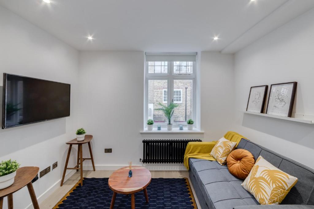 a living room with a couch and a tv at Deluxe 1 Bed Flat - Shoreditch, Aldgate & The City of London in London