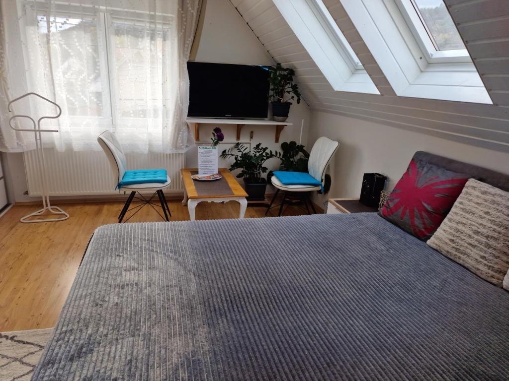- une chambre avec un lit, une télévision et des chaises dans l'établissement Családi haz, à Budapest