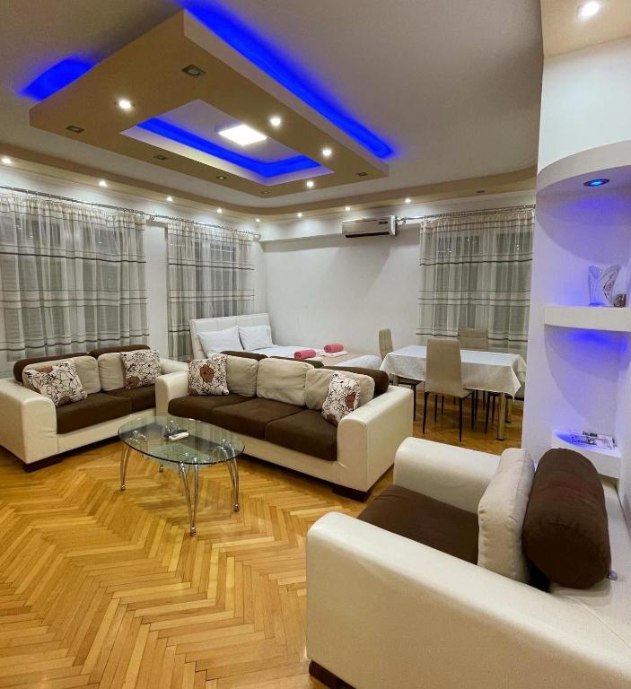 a living room with couches and a blue light at SNEZANA APARTMENT in Ohrid