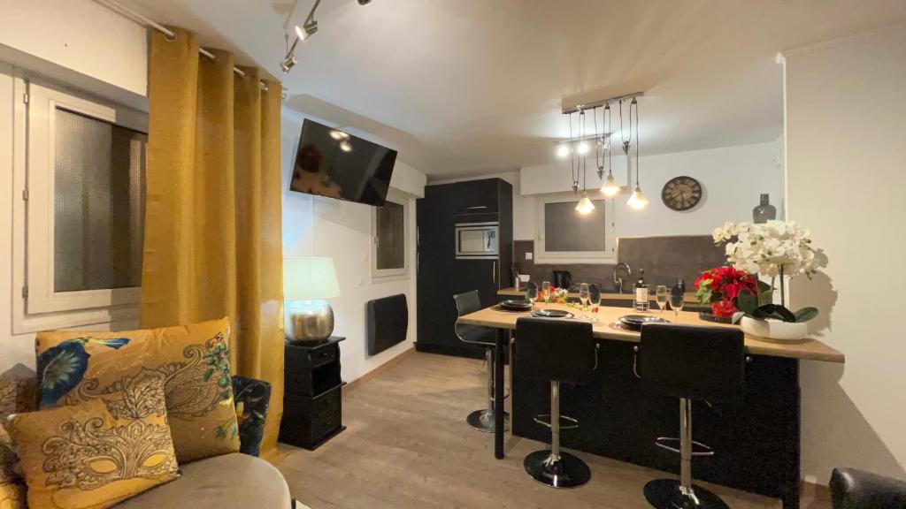 uma sala de estar com uma cozinha com uma ilha em Le Sainte Croix Hyper Centre Metz em Metz