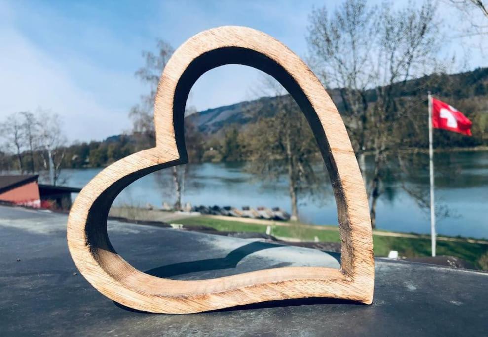 uma escultura de madeira com vista para um lago em Ferienwohnung am Rhein em Stein