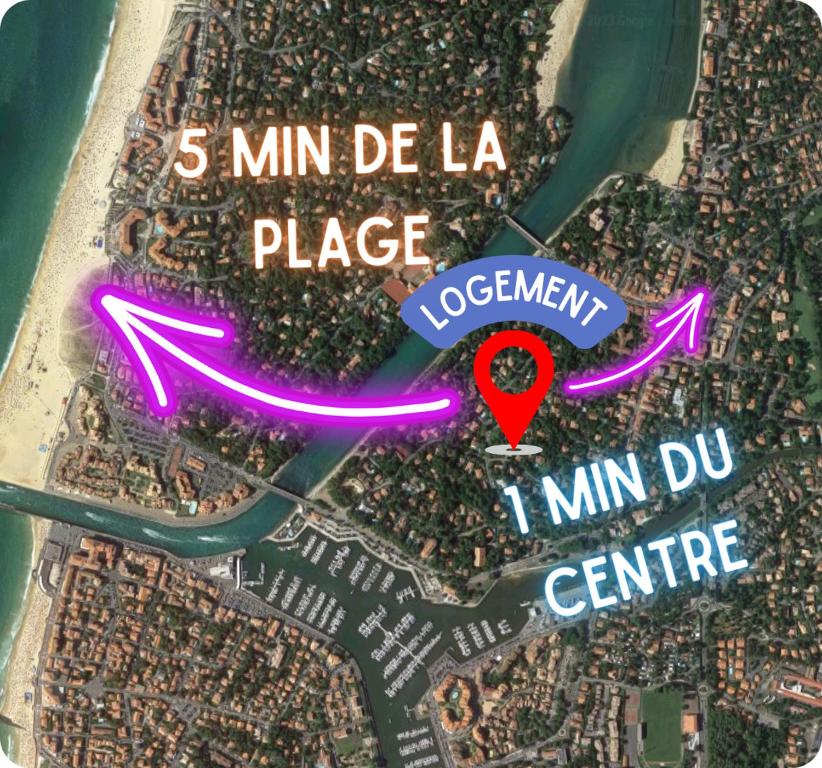 eine Karte einer Stadt mit einem roten Marker in der Unterkunft Sable et Reflets - T2 - Centre ville d'Hossegor in Soorts-Hossegor