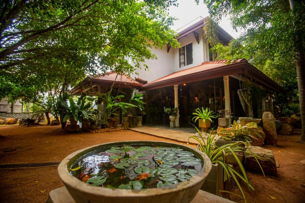 un gran estanque frente a una casa en Evergreen Hotel Dambulla, en Dambulla