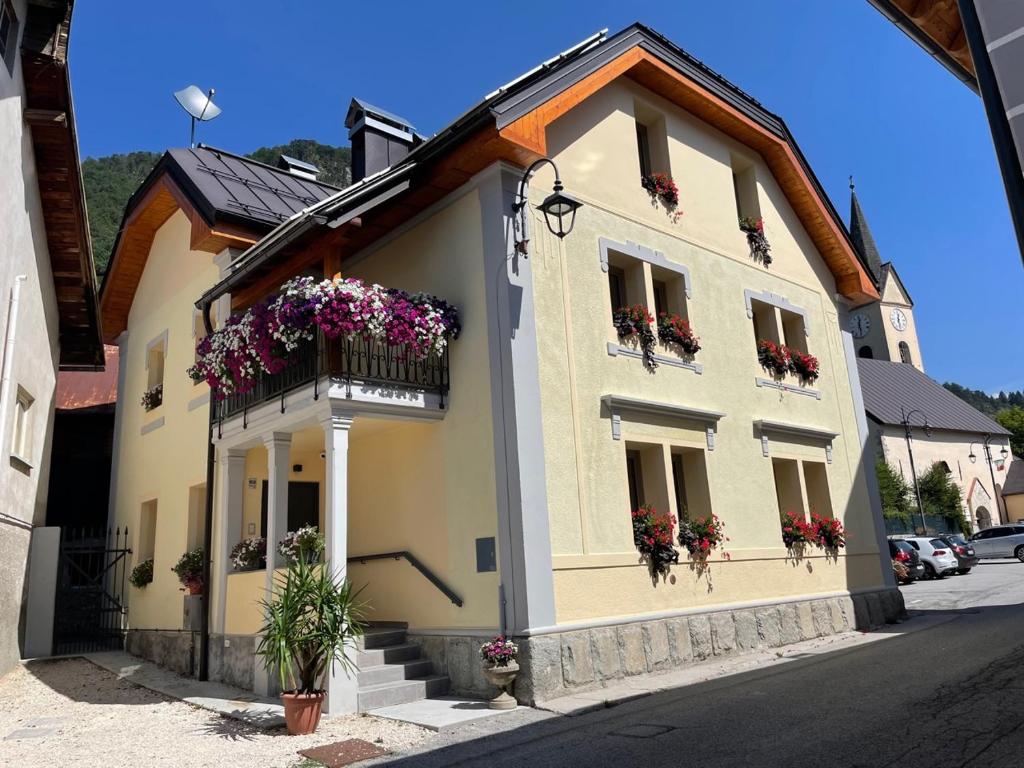 un edificio con cajas de flores en su lado en AFFITTACAMERE ALLE ALPI, en Malborghetto Valbruna