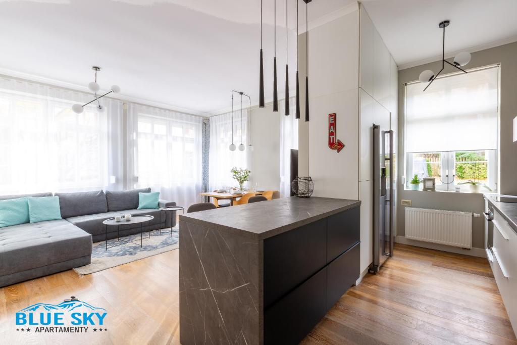 d'une cuisine et d'un salon avec un appartement bleu ciel. dans l'établissement Apartament Blue Sky Jelenia Góra - blisko centrum, à Jelenia Góra