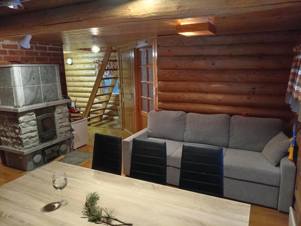 sala de estar con sofá y chimenea en Romeo Lomamökki, en Lapua