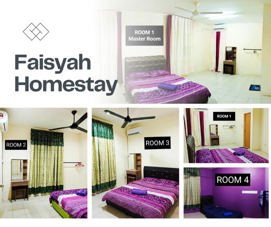 a collage of four pictures of a room with beds at FAISYAH HOMESTAY in Lahad Datu