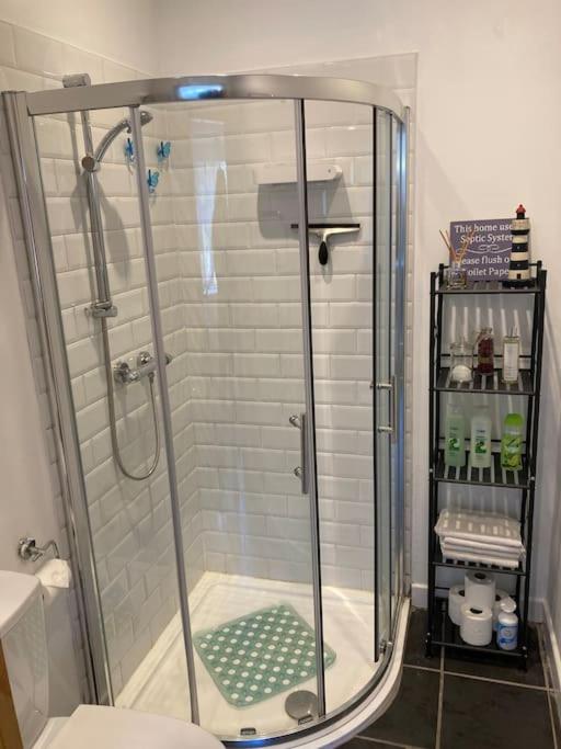 a shower with a glass door in a bathroom at The Potters Cottage in Clifden