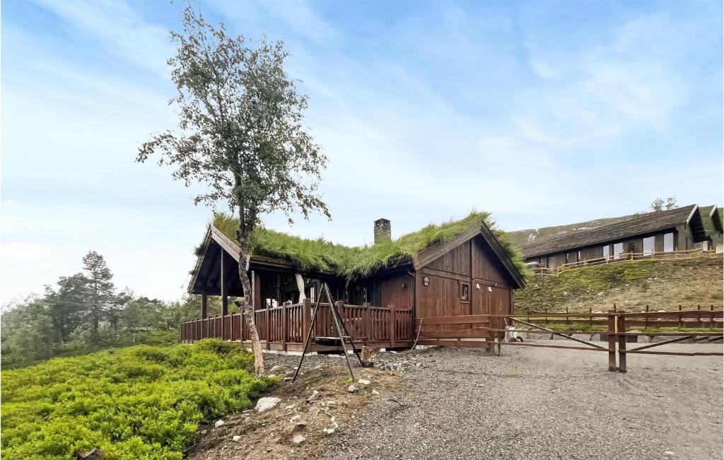 a building with a grass roof with a tree on it at Nice Home In Hornindal With Kitchen in Hornindal