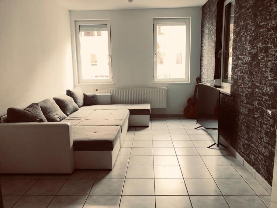 - un salon avec un canapé et 2 fenêtres dans l'établissement Quiet beautiful apartment, à Tuttlingen