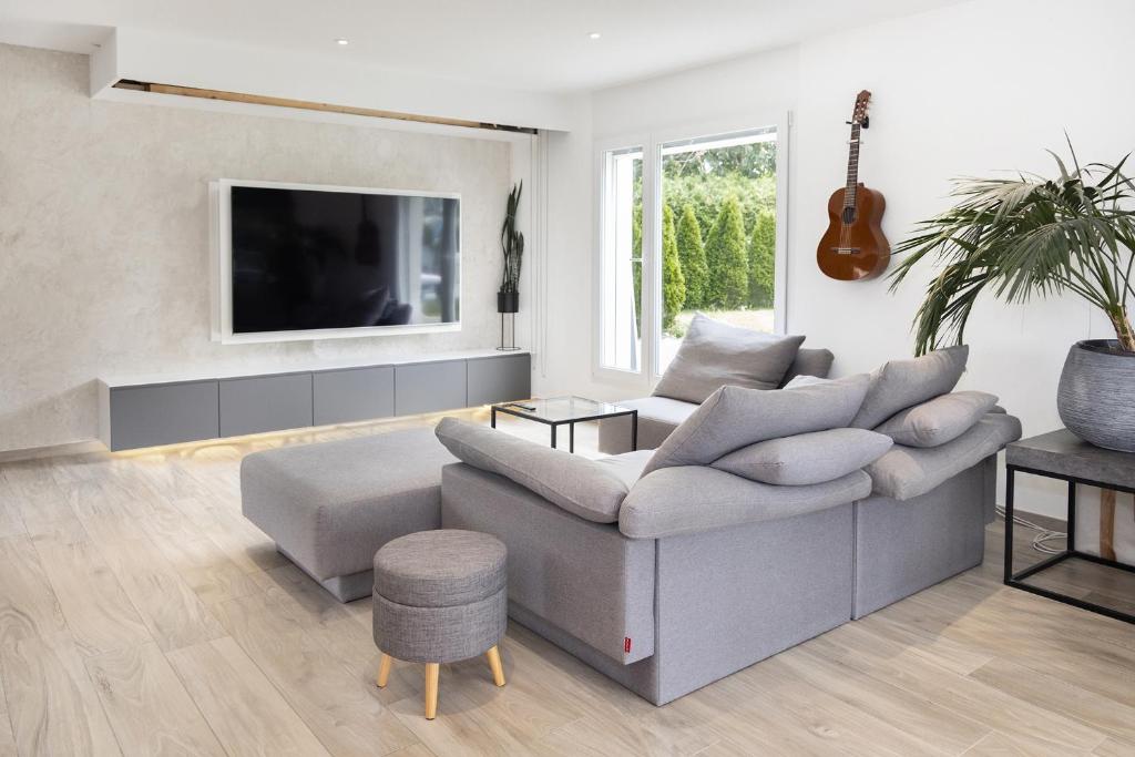 a living room with a couch and a tv at Entire modern villa with outdoor swimming pool! in Treyvaux