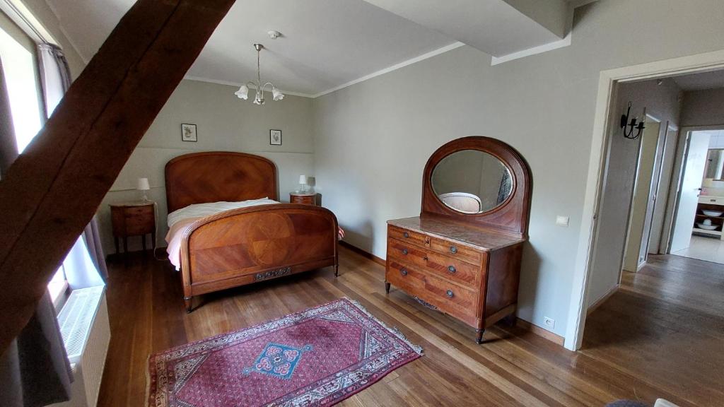 um quarto com uma cama, um espelho e uma cómoda em La Ferme du Colombier em Hamois