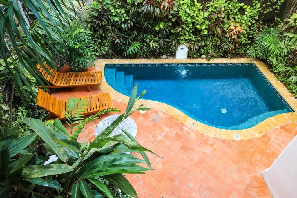 uma piscina num jardim com plantas em Hotel Casa La Mantilla by Faranda Boutique em Cartagena das Índias