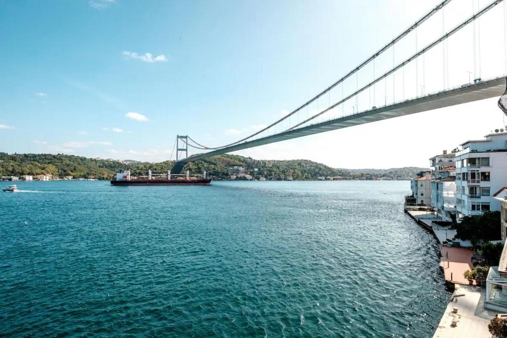 a bridge over a river with a ship under it at Bosphorus Mansion in Istanbul