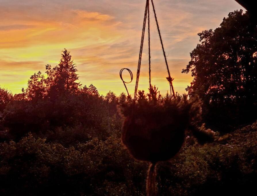 a sunset with a basket in front of some trees at La Maison Thébaïde in Mortagne