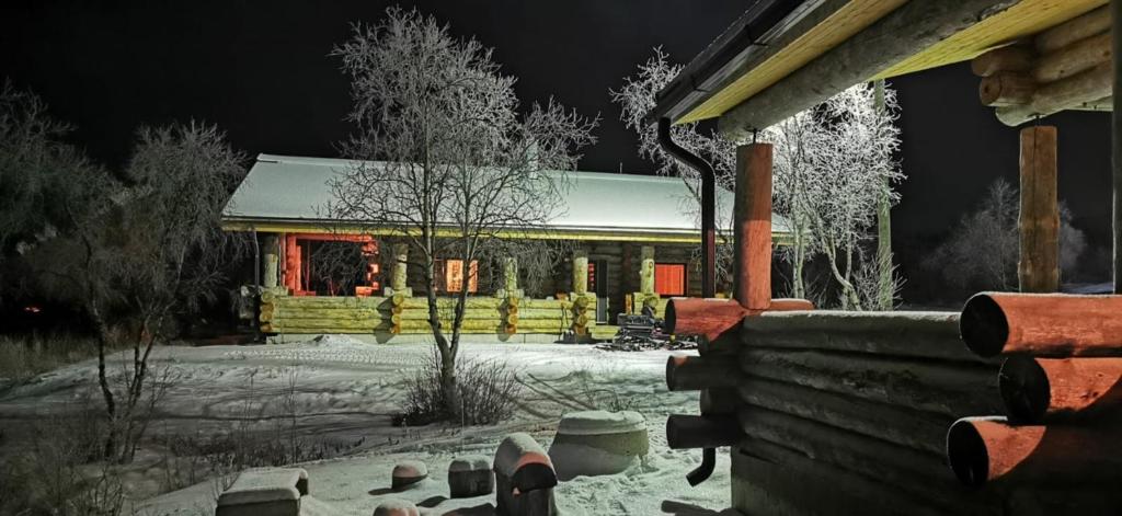 Nuorgam的住宿－Tenon Temppeli - Tilava huvila Lapissa，雪中的一个小木屋
