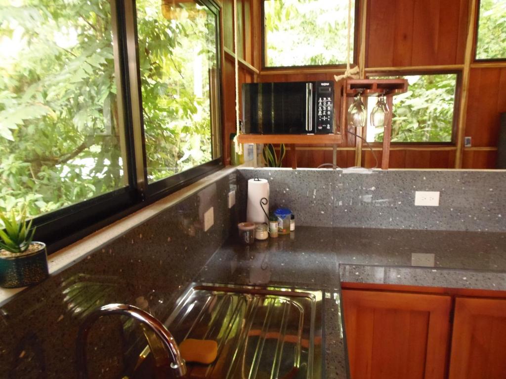 a kitchen with a sink and a counter top at Gambas Lodge in Fortuna