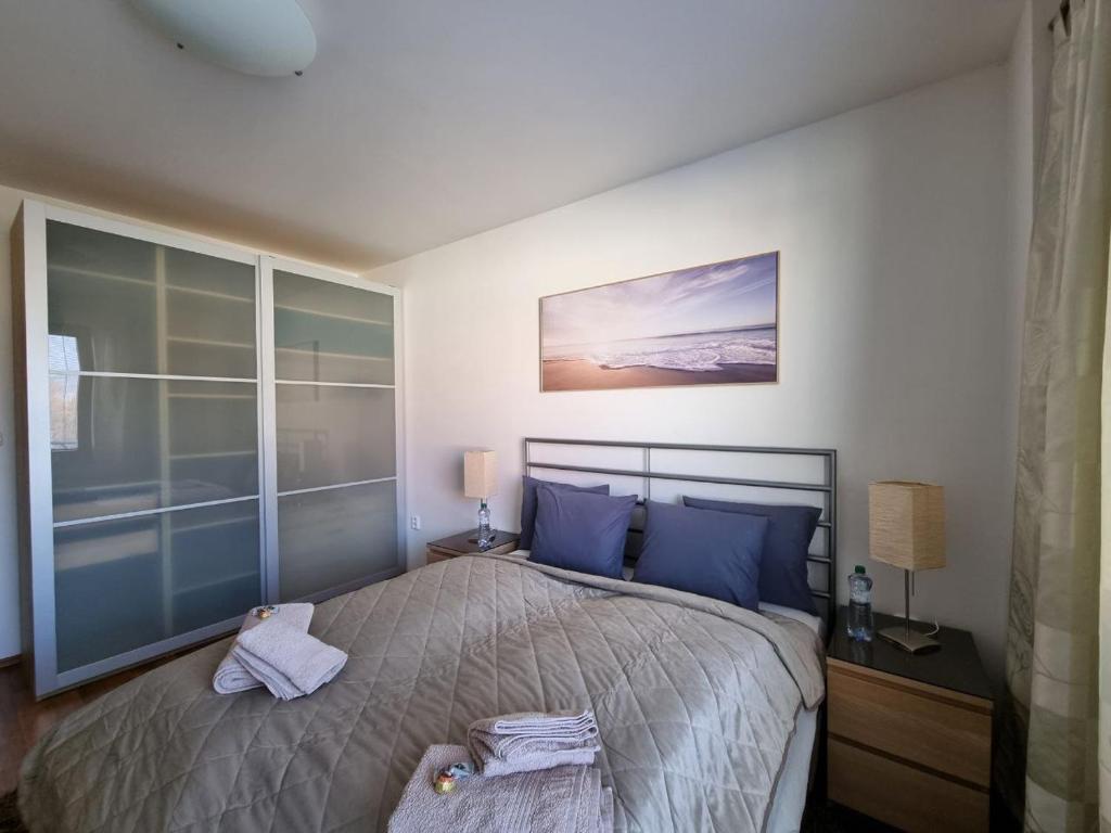 a bedroom with a large bed with blue pillows at Central business apartment - FREE PARKING in Martin
