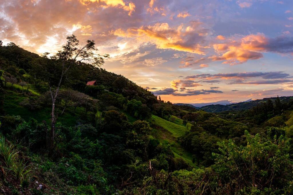 a view of a hill with a sunset in the background at Carbell House in La Cruz