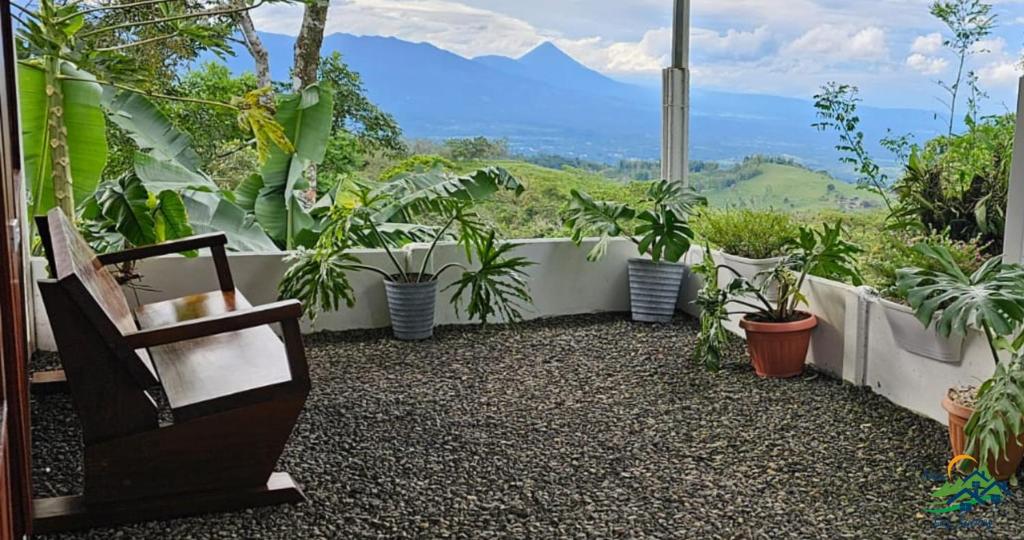 uma varanda com plantas e uma cadeira com vista em Cabaña Colibrí em Quesada