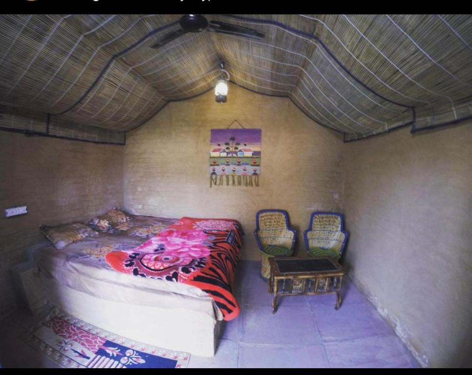 una camera con un letto e due sedie in una stanza di Backpackers Village Agra ad Agra