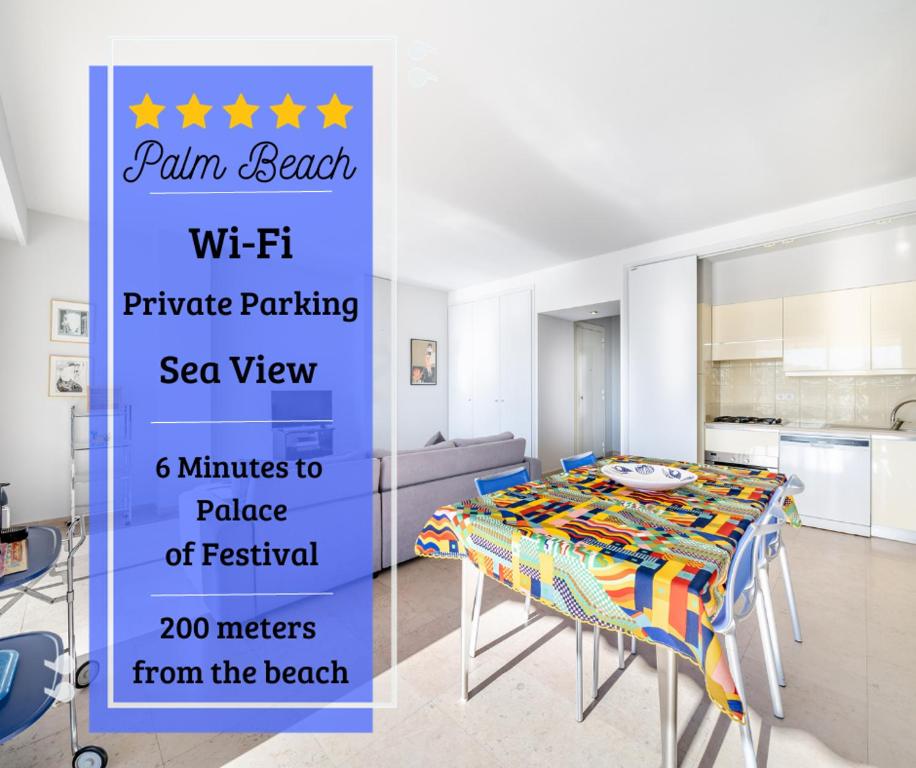 una mesa en una cocina con un letrero que dice playa del dolor con aparcamiento privado en Palm beach- Free Wifi- Parking- Sea View, en Cannes