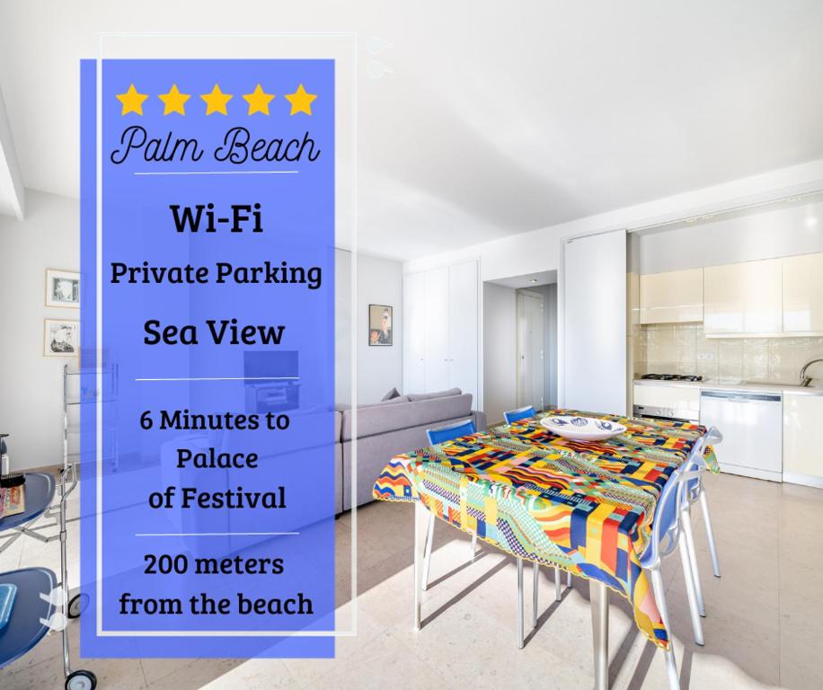 - une table dans une cuisine avec un panneau indiquant la plage douloureuse et un parking privé dans l'établissement Palm beach- Free Wifi- Parking- Sea View, à Cannes