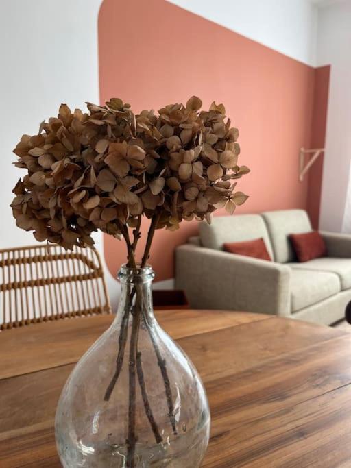 un vase en verre avec des fleurs sur une table dans l'établissement La maison de Camille climatisation parking privé WIFI, à Carcassonne