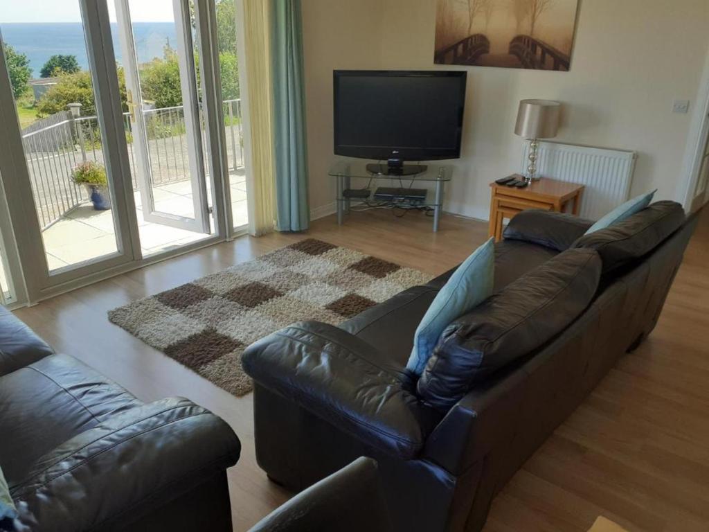 a living room with a leather couch and a television at Elmbank Accommodation in Berwick-Upon-Tweed