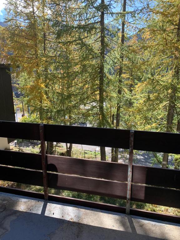 伊索拉 2000的住宿－Studio montagne gentianes，公园的长凳,享有树林的景色