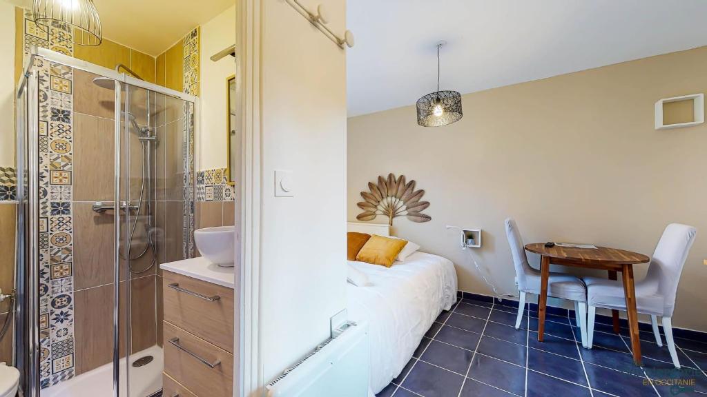 - une chambre avec un lit, une table et une douche dans l'établissement Pouvillon - 10min du Zenith - Théâtre - Musée, à Toulouse