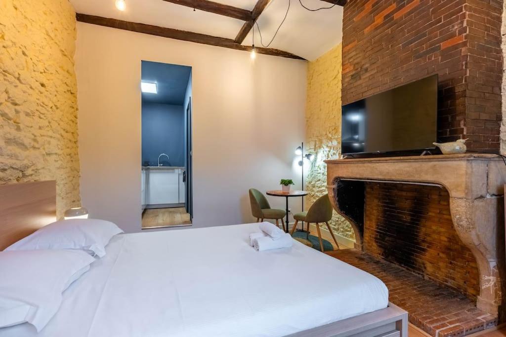 une chambre avec un lit et une cheminée dans l'établissement Le Cocon de Claudie, à Nancy