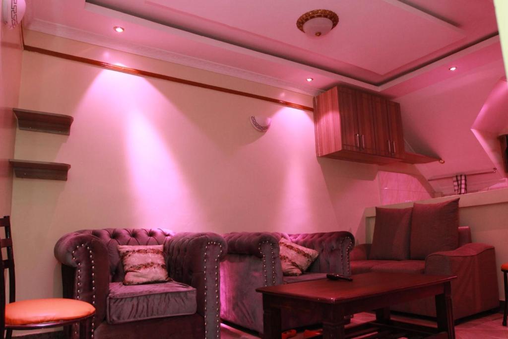 een woonkamer met een bank en een roze lamp bij Cherry home in Nairobi